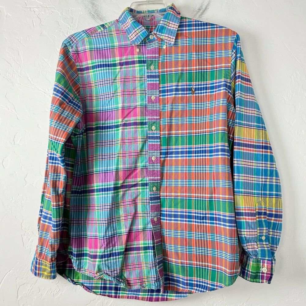 Ralph Lauren Dress Shirt Button Down Knit Top Plaid Print Multicolor Cotton Work